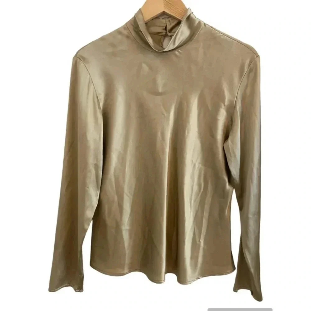 ZANELLA Vintage Silk Blend High Collar Long Sleeve Gold Blouse